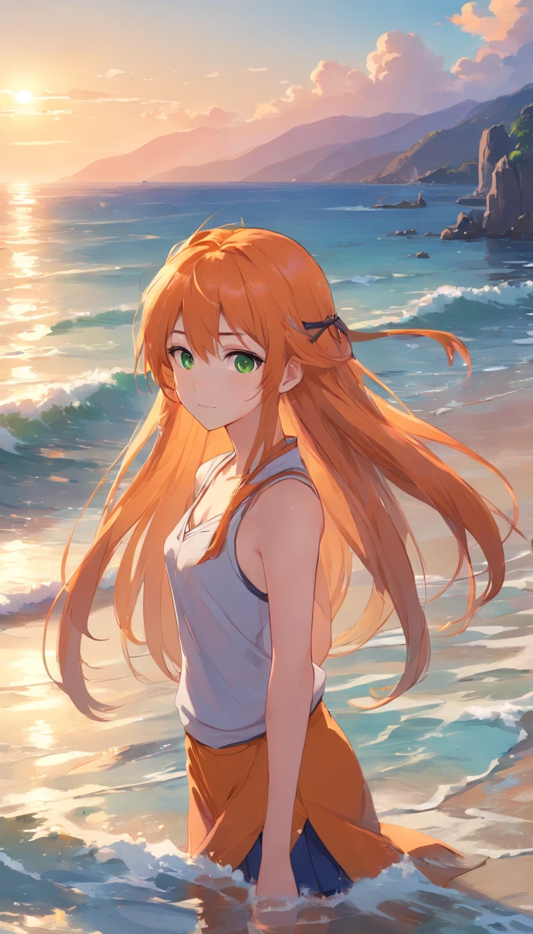 anime girl with long orange hair standing on beach near ocean, green eyes detailed digital anime art, fox ears, fox tail, anime girl with long hair, smooth anime cg art, anime girl with long hair, digital anime art, artwork in the style of guweiz, beautiful anime portrait, photorealistic anime girl render, beautiful anime girl, advanced digital anime art, guweiz on artstation pixiv upscale HD UHD HQ
