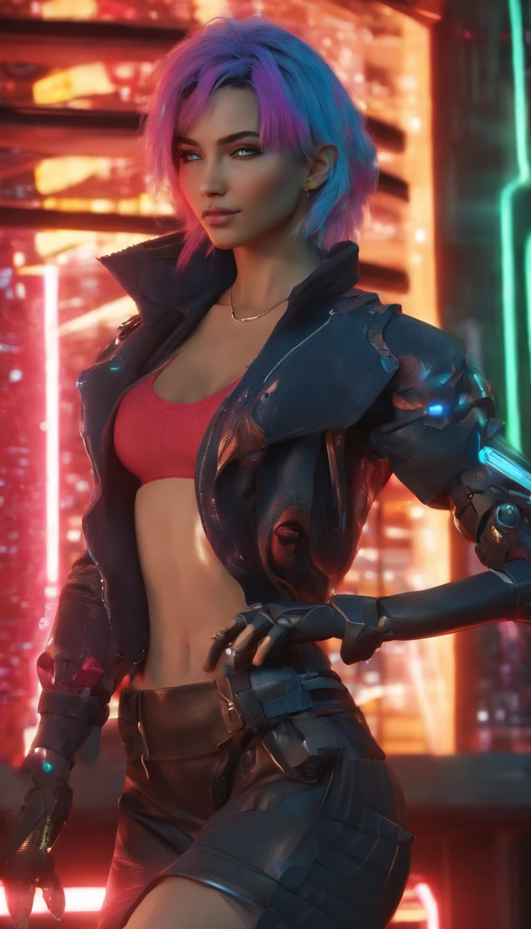Model Photography Style, 20-year-old cyberpunk woman in a futuristic cyberpunk city, Intricate, Sci-fi, Futuristic, feminine face, A detailed eye, waist, A masterpiece of the highest quality, photo-realistic, Detailed, 8k, HDR, Shallow depth of field, broad light, high contrast, back light, Color glitter, chromatic aberration, sharp-focus, RAW color photo,(NSFW)