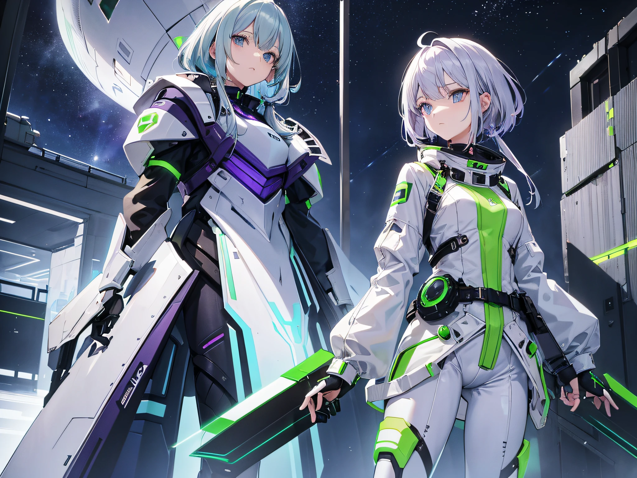 Silver-haired woman in modern fashionable spacesuit based on green and white、Hair is one-point color and lilac、Wearing a futuristic belt around his waist、Purple dark blue eyes、Background is forest and waterside