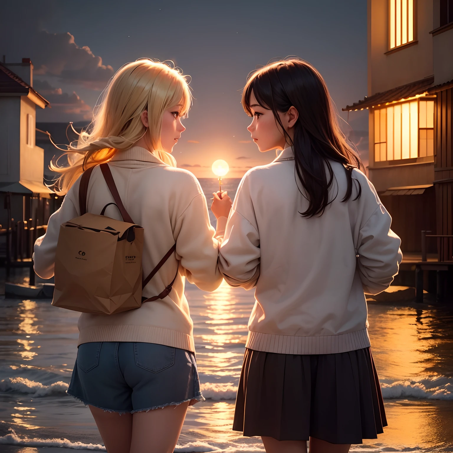 The illustration portrays two individuals in a long-distance relationship, separated by a vast ocean. On one side, there is a vibrant, bustling metropolis with skyscrapers aglow in the evening. The cityscape is filled with the energy of people and vehicles moving about. On the other side, there is a quaint coastal village with a golden sunset casting a warm glow. The village is serene, with a tranquil beach and a lighthouse standing tall in the background.
In the urban setting, a person stands on a rooftop, surrounded by the city's hustle and bustle. They hold a handwritten letter in their hand, their face illuminated by the soft glow of a streetlamp. Their expression reflects a mix of longing and hope. They release a paper airplane from their hand, symbolizing their message of love and hope soaring across the distance.
In the coastal village, their partner stands on the tranquil beach, facing the horizon. The golden sunset bathes them in a warm glow. Their expression also reflects longing and determination. They release a floating lantern onto the water, symbolizing their message of love and hope floating across the ocean.
Above the two locations, a night sky filled with constellations adds a touch of magic. A bright star perfectly aligns between the two places, symbolizing their unbreakable bond.
To convey the contrasting atmospheres, the cityscape is depicted with vibrant colors and dynamic lighting, showcasing the energy and liveliness. The coastal village is portrayed with softer, warmer tones, emphasizing the tranquility and peace found there.
The emotions etched on their faces and the determination in their eyes are emphasized, highlighting their unwavering commitment and belief in their love, even in the face of distance and challenges.