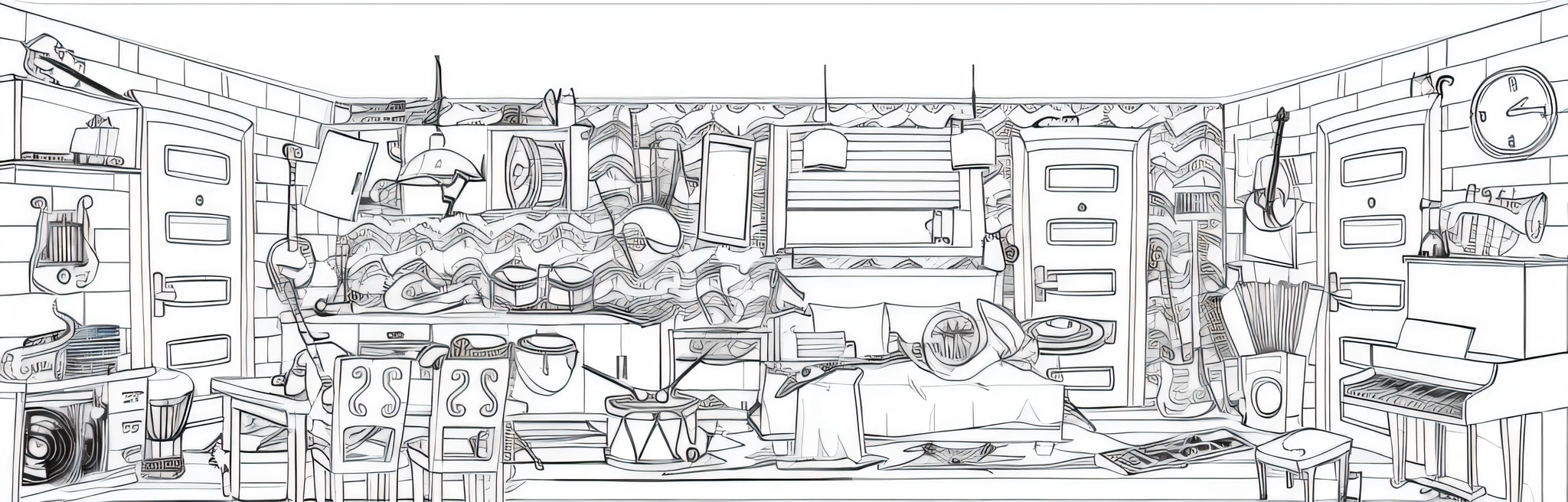 um desenho de uma cozinha com um monte de panelas e frigideiras, clean coloring book page, Jogo 2D Lineart Behance HD, 2 d jogo lineart behance hd, Linha - Arte, Linha estilizada, colouring - in sheet, line art colouring page, full-page illustration, random background scene, messy room, Nascer do Sol colorindo o quarto, desenhos para colorir