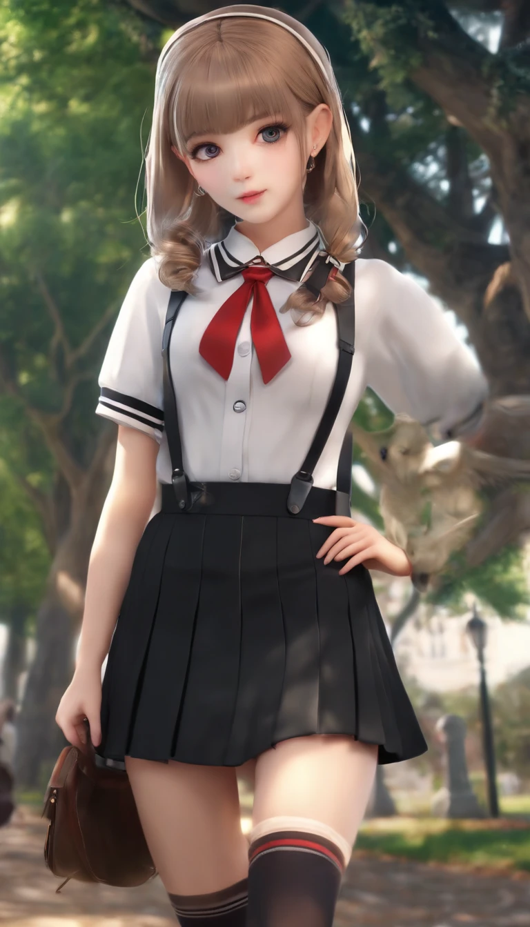 ((Best quality, 8K, Masterpiece :1.3)), Surrealism female students, cute female student, dressed as schoolgirl, Surrealism female students, thighhighs and skirt, Realistic schoolgirl, of a schoolgirl posing,  Wear a skirt and black stockings