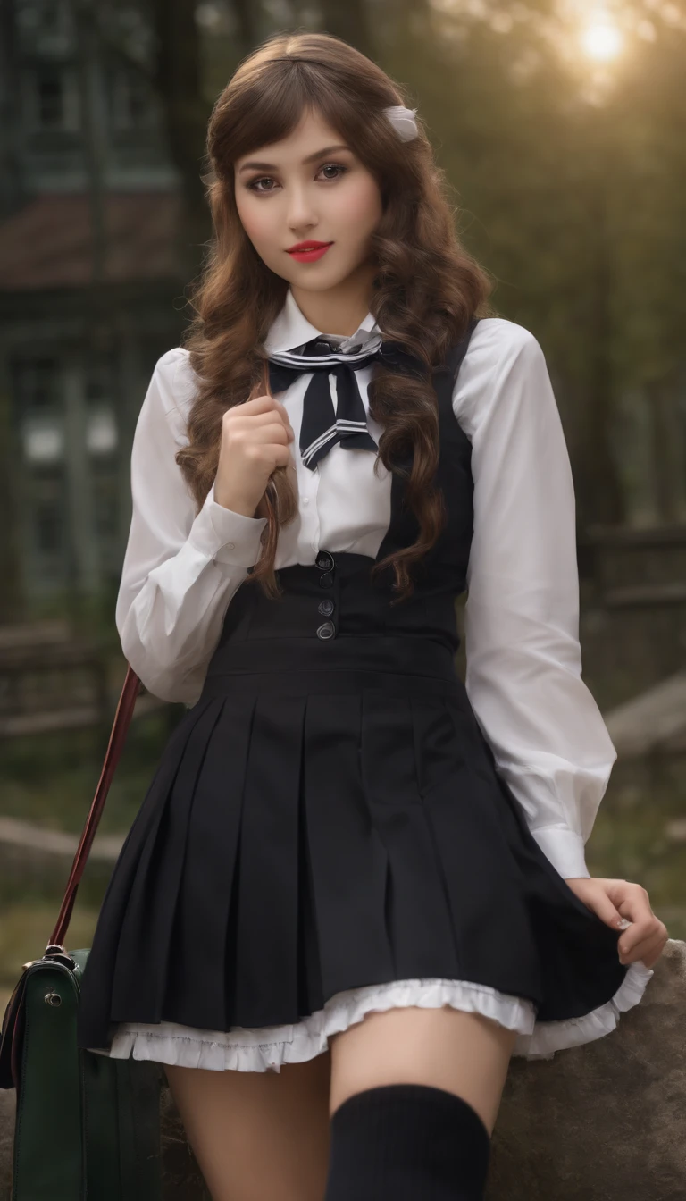 ((Best quality, 8K, Masterpiece :1.3)), Surrealism female students, cute female student, dressed as schoolgirl, Surrealism female students, thighhighs and skirt, Realistic schoolgirl, of a schoolgirl posing,  Wear a skirt and black stockings