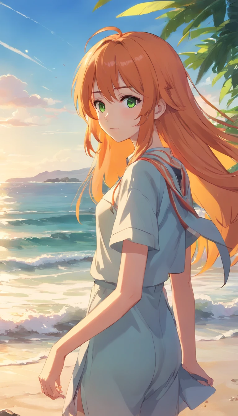 anime girl with long orange hair standing on beach near ocean, green eyes detailed digital anime art, anime girl with long hair, smooth anime cg art, anime girl with long hair, digital anime art, artwork in the style of guweiz, beautiful anime portrait, photorealistic anime girl render, beautiful anime girl, advanced digital anime art, guweiz on artstation pixiv HD UHD HQ