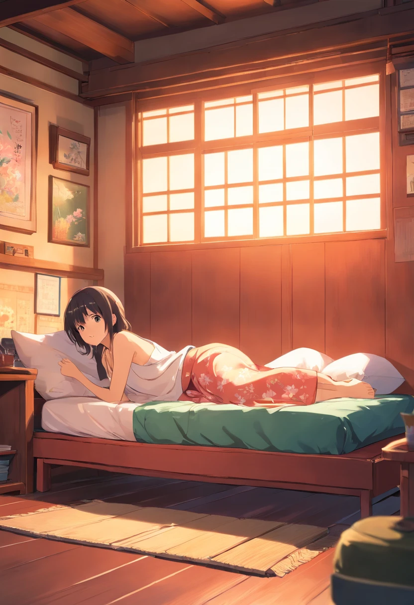 Adults femele traditional Japanese room futon bedding barechested