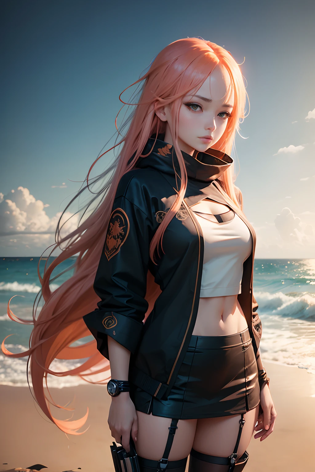 anime girl with long orange hair standing on beach near ocean, green eyes detailed digital anime art, anime girl with long hair, smooth anime cg art, anime girl with long hair, digital anime art, artwork in the style of guweiz, beautiful anime portrait, photorealistic anime girl render, beautiful anime girl, advanced digital anime art, guweiz on artstation pixiv HD UHD HQ