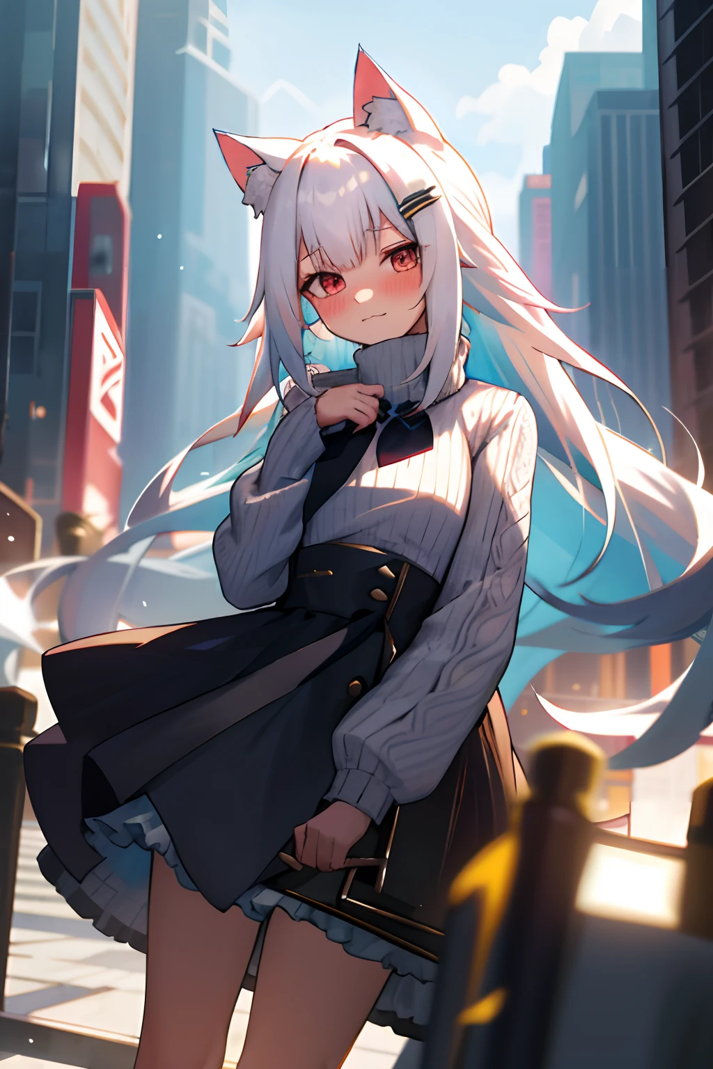 One girl with long hair, white hair, looking at viewer, embarrassed, blushing, :3, outdoor, sweater, long sleeves, black hight waist skirt, thigh , cat ears, cat tails, round glasess, arms in chest