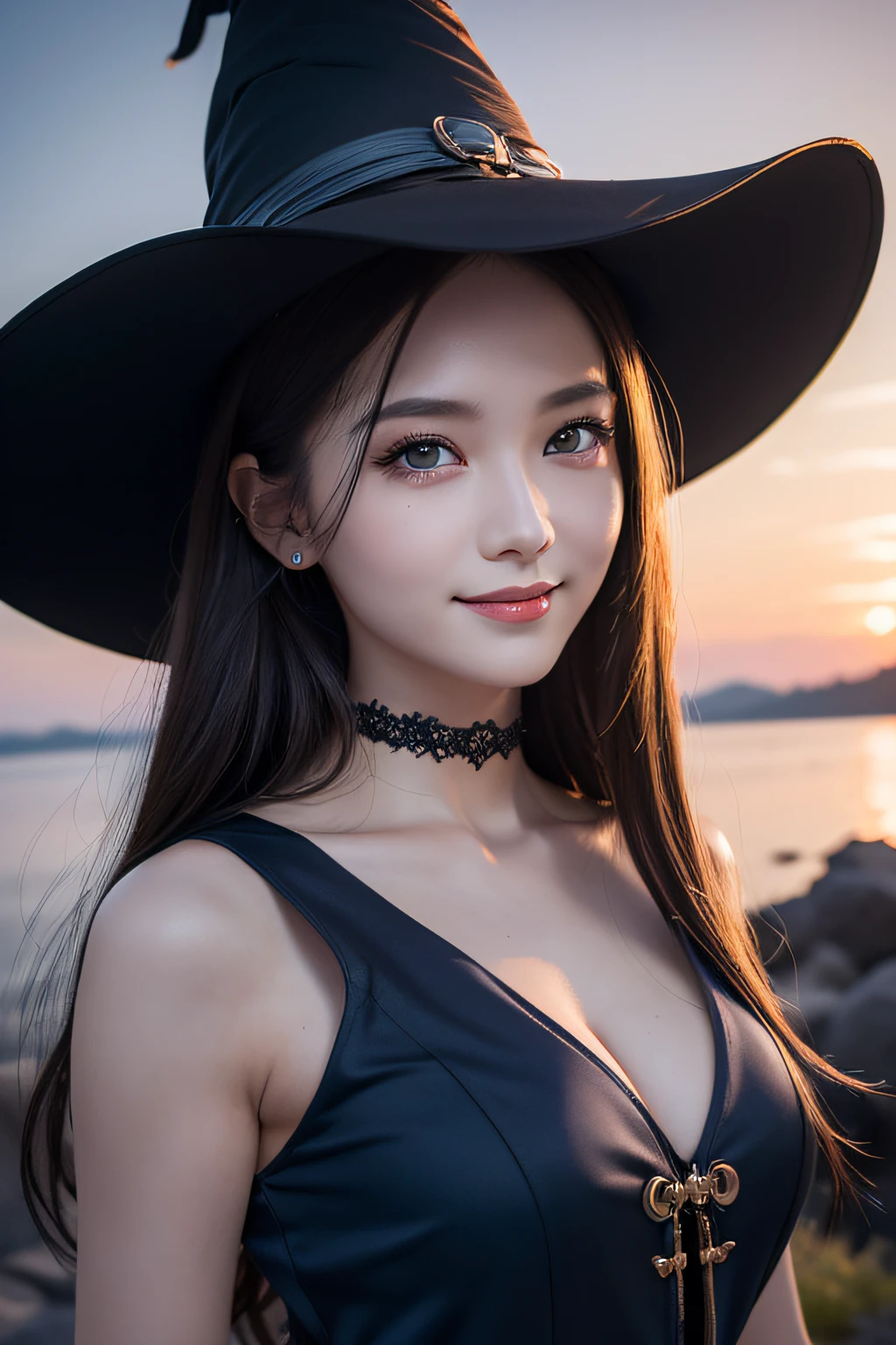 ((Best Quality, 8K, Masterpiece: 1.3)),Sharp: 1.2,Perfect Body Beauty: 1.4,cute girl,Highly detailed face and skin texture,detailed eyes,double eyelids,((fantasy)),((witch)),smile,wide shot,blue hour