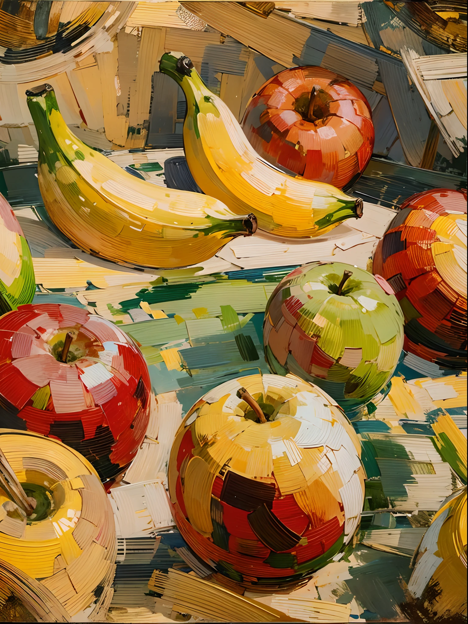 A painting made with oil paint and a palette knife. A banana and an apple are drawn on the screen. The banana is colored with yellow and green, and the apple is colored with red and white. The surface of the fruits has skillfully drawn light and shadow, creating a sense of depth. The touch of the painting is strong, enfatizando a forma e textura dos frutos. A pintura mostra a pincelada magistral e a habilidade do artista.