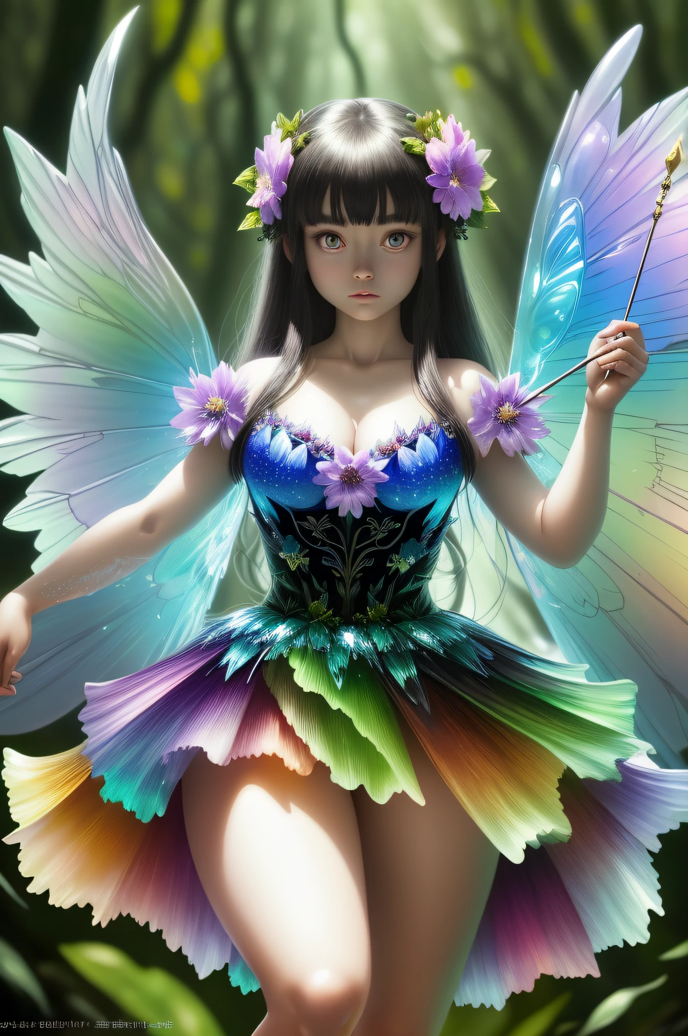 Gradient Eyes, the woods,Night Moon,Mini cute 3 flower fairy, Chubby toot,Skirt made of petals,Huge flowers,Colorful colorful,Transparent and colorful wings, magic wands,closeup cleavage,Optical attenuation,glow effect,depth of fields,Highlight,Real Light,Ray traching,OC rendering,Hyper-realistic,best qualtiy,8K,Works of masters,super-fine,Detailed pubic hair,Correct anatomy,sharp focus on eyes,Bokeh,Facial features are carefully drawn,in style of hayao miyazaki,Miyazaki Animation Style