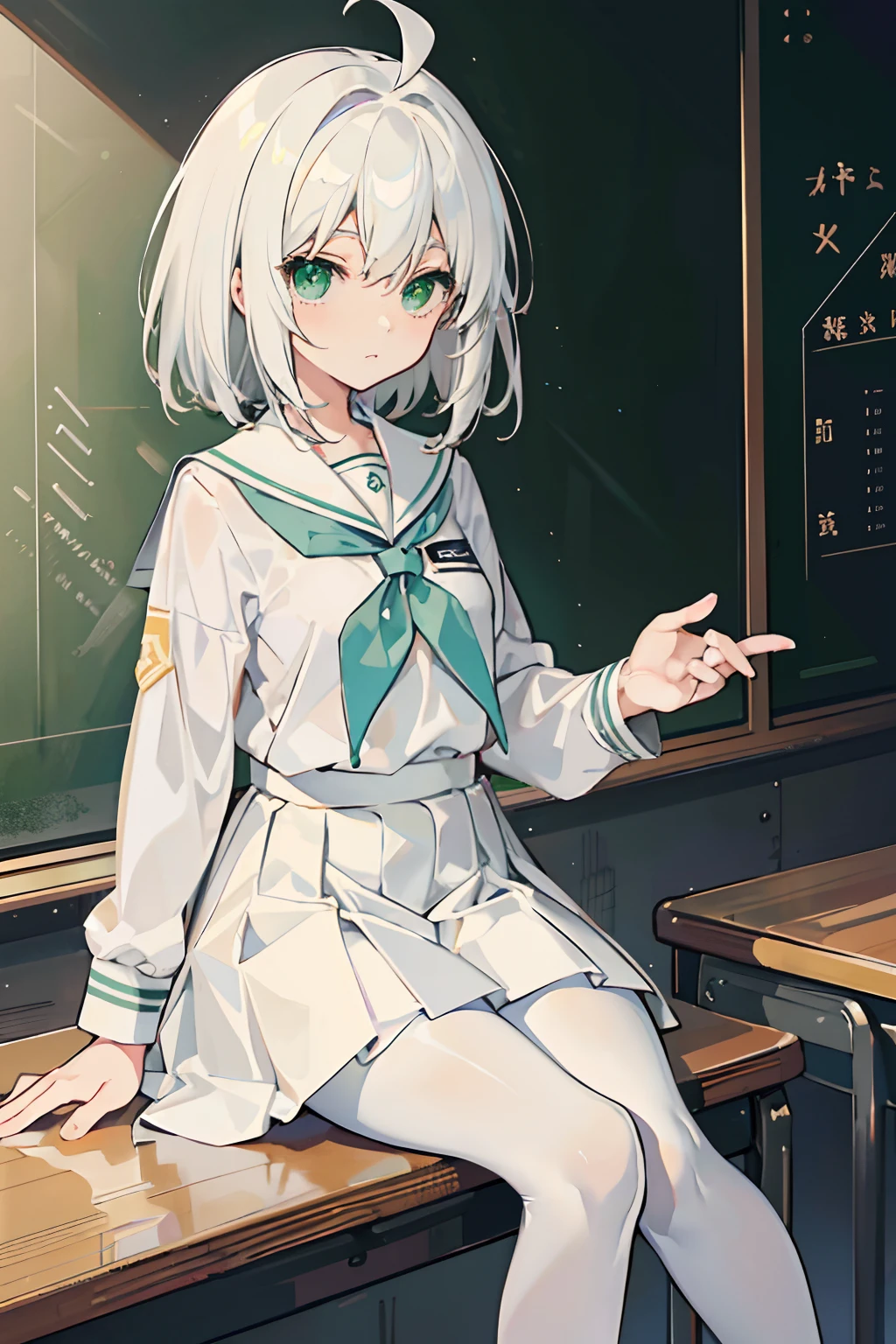 masterpiece,best quality,adorable girl,medium hair, white hair, ahoge, green eyes, white pantyhose,school uniform