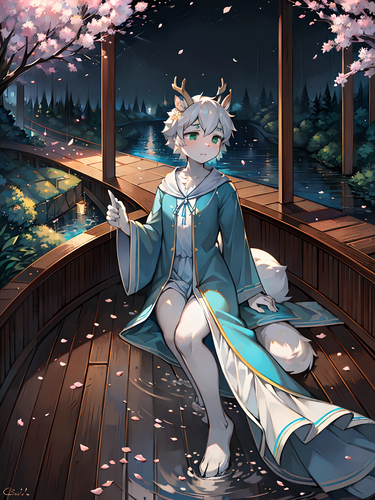 A white deer,long blue robes,Green eyes,deer antlers,River side,falling flower petals,It rained heavily,The tree,White petals,Lake Pavilion,Holding an umbrella,dark cloude,A sad look,veils,rainwater,Blue umbrella,White pear blossom tree,downpours,Rain