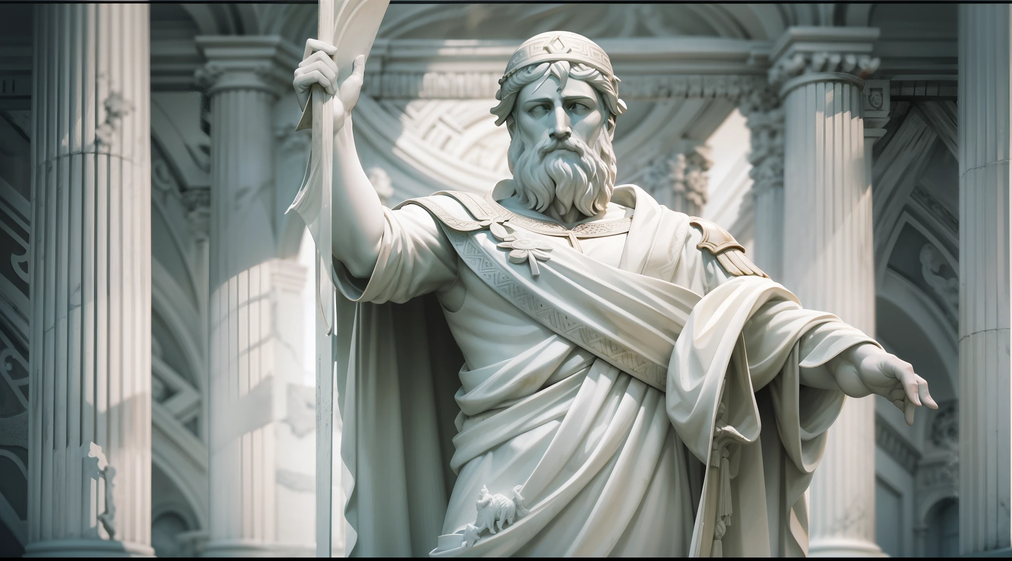 A realistic Greek white marble statue of Zeno of Scythia, em um veleiro no mar violento, tempestade corajoso, assustador, wearing a ghostly toga, fundo neutro,  Moody,  fotorrealista, super detalhada, Hiper realista, luzes brilhantes, 8k