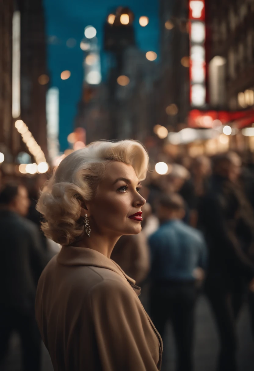 Marlyn Monroe in a crowed people in New York Style, Blurred Background, New York City, Best Quality, Best Illustration, Best Lighting, Amazing Quality, Highly Detailed 8k CG Background, Detailed Eyes, Detailed Face, Detailed Hair, New York City, New York Street York, F2.1, many people walking and a man looking up at the sky, market, water market, walking down the street, spaceship flying, many spaceships.