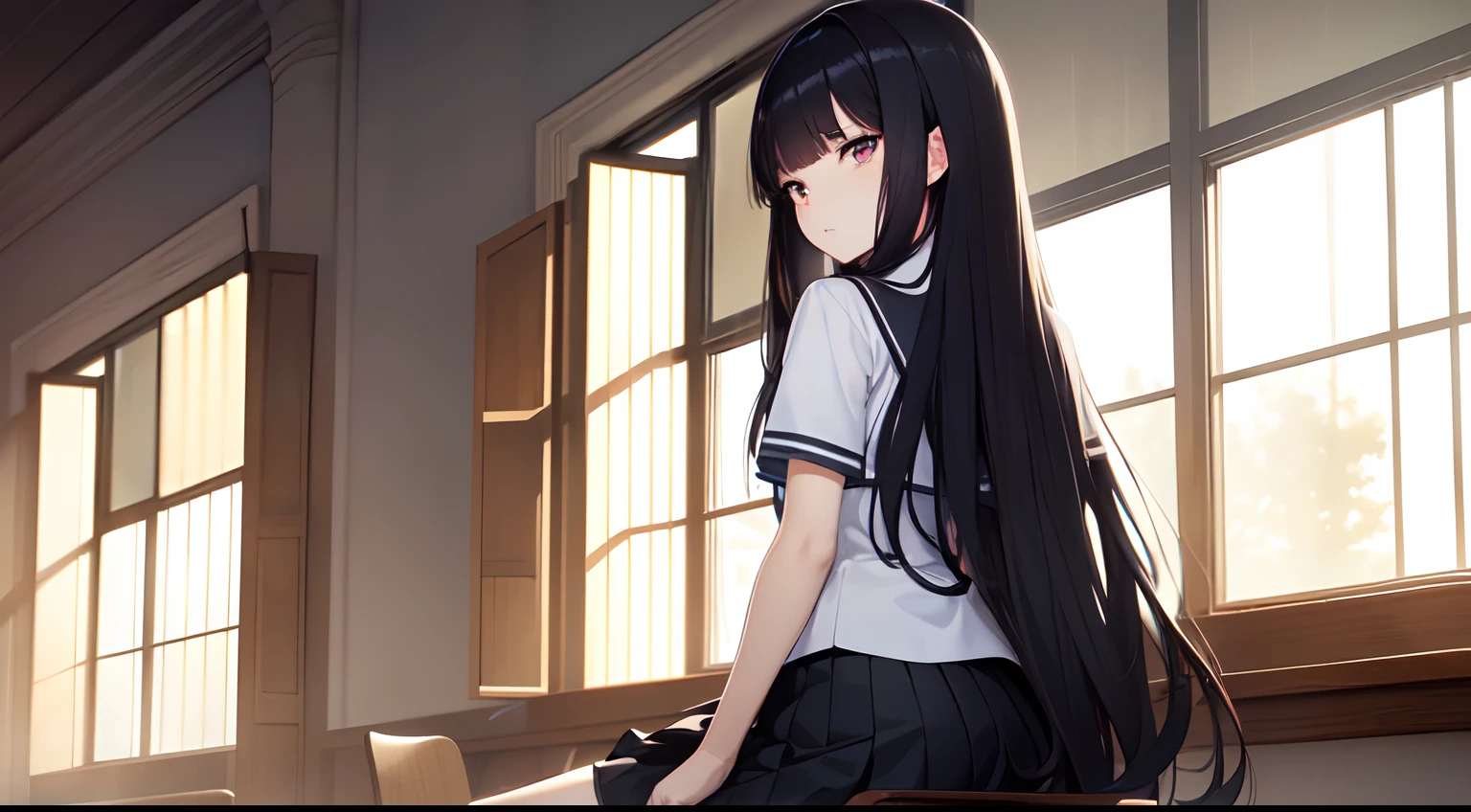 a beautiful junior high school student, (sit straight ),cute, uniform and skirt, (lustrous and black long hair),(bright eyes) ,gradient eyes, (sun light came in through the windows),(anime style),(CG), atmospheric perspective, masterpiece,((from back)), accurate, ((best quality)), high quality, super detail, high details, anatomically correct, highRes, 1080p