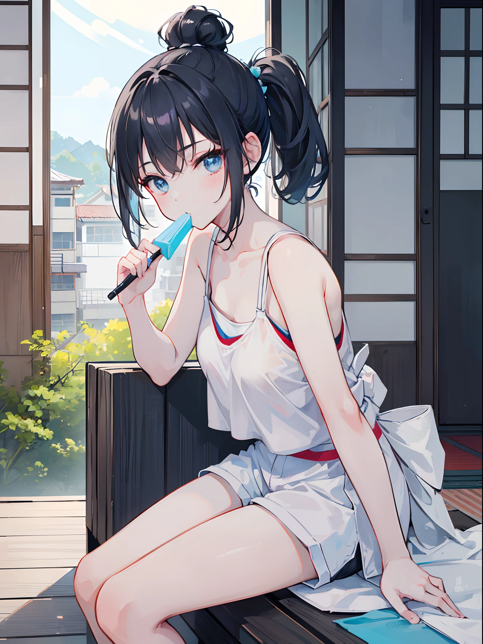 1girl, black ponytail hair, wearing white plain tanktop, short pants, eating blue icecream, old japanese house, sitting in balcony, facing sideway, summer vibe, ultrasharp, 8k, masterpiece, ultra hd