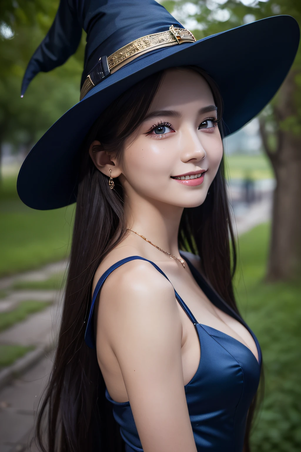 ((Best Quality, 8K, Masterpiece: 1.3)),Sharp: 1.2,Perfect Body Beauty: 1.4,cute girl,Highly detailed face and skin texture,detailed eyes,double eyelids,((fantasy)),((witch)),smile,side shot,blue hour
