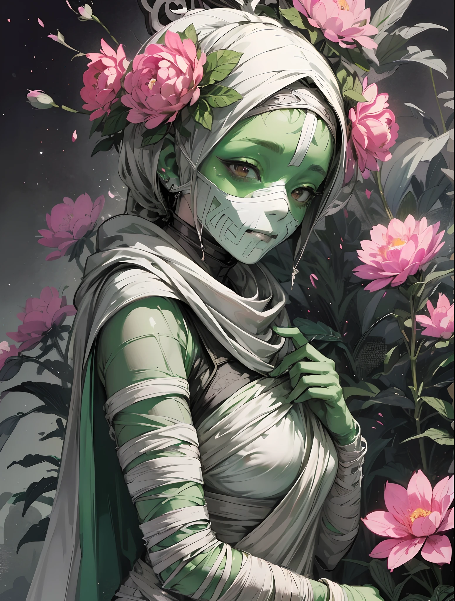 Beautiful cute girl light gray_green mummify
Goblin with visibily flower and white bandages, mummy mask, color splash, monochrome green and pink, beautiful fantasy, cozy in the background, manga style, Tsutomu Nihei style, beautiful colors, Manga nib pen style, beautiful landscapes scenery, highly detailed, light, sparkle, glistening atmosphere atmosphere — quality