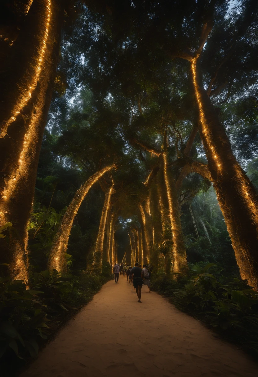 Perfect photo of mega thematic exhibition Santo Daime and Mestre Irineu, na Floresta Amazonica, com grandes esculturas. muitas pessoas de rostos perfeitos e curiosas tirando fotos, In the middle of huge and gigantic real trees like Jequitibá, Inside the exhibition forming a dense forest with winding, narrow and mysterious paths where people are walking;.