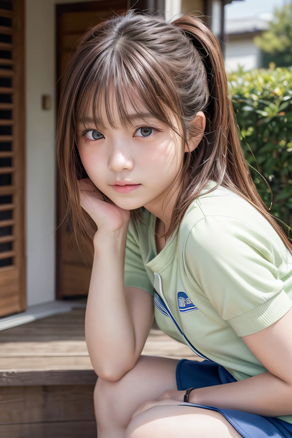 (Top image quality、8K、masterpiece:1.3))、Realistic high-quality photos、top-quality、girl cute-fine face、 beautiful Japan girl、Photo of slim little girl model、Beautiful girl model、young japanese girl、Young cute face、japanaese girl、13-year-old maldel、Btiful Model Girl、The innocent look of the girl next door、lovely delicate face、Brown hair、Beautiful brown eyes、Tear bag、drooing eyes、young body、poneyTail、trainingwear