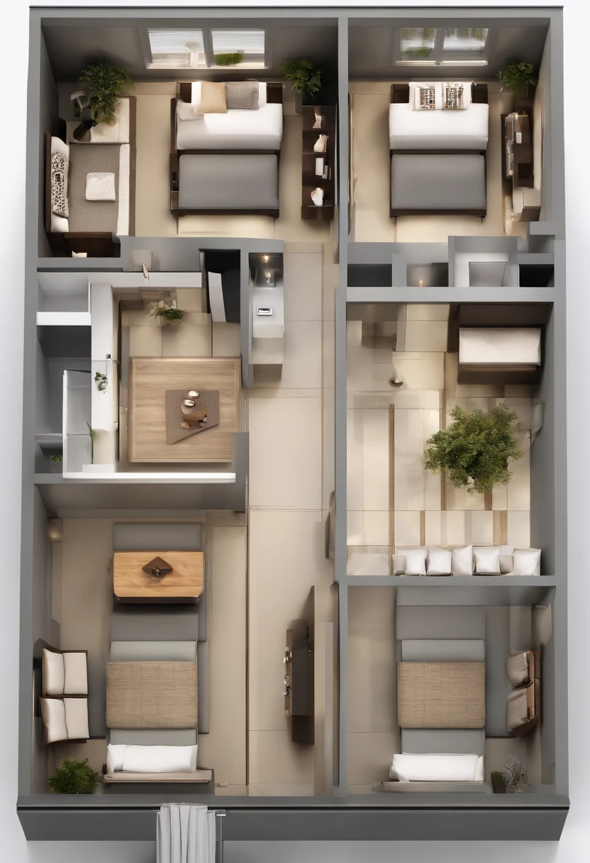 A plan of apartment with a unique layout of 5m x 15m, featuring 3 small private rooms, a small staircase, and a small elevator. The design will be simple yet visually stunning, using affordable materials.