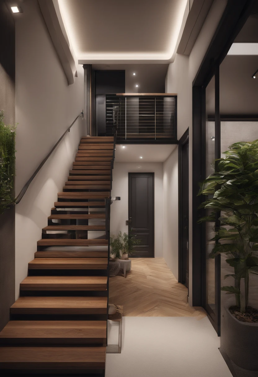 A plan of apartment with a unique layout of 5m x 15m, featuring 3 small private rooms, a small staircase, and a small elevator. The design will be simple yet visually stunning, using affordable materials.
