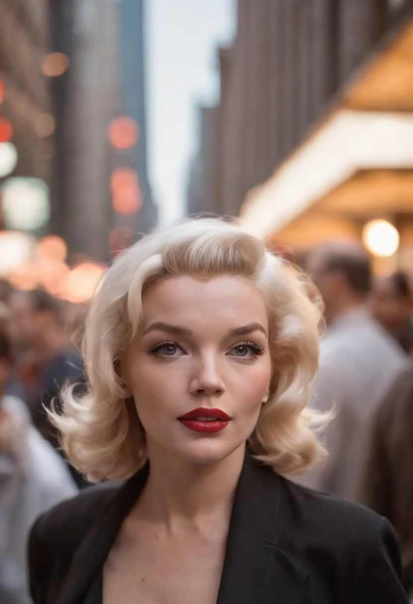 Marlyn Monroe in a crowed people in New York Style, Blurred Background, New York City, Best Quality, Best Illustration, Best Lighting, Amazing Quality, Highly Detailed 8k CG Background, Detailed Eyes, Detailed Face, Detailed Hair, New York City, New York Street York, F2.1, many people walking and a man looking up at the sky, market, water market, walking down the street, spaceship flying, many spaceships.