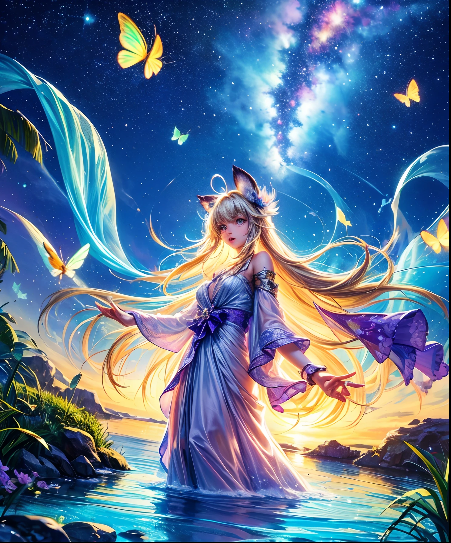 Cute girl characters、Describes a scene with grassy butterflies lying on the water flying around, Looking up at the starry sky. Surround her with colorful nebulae and her favorite constellations.