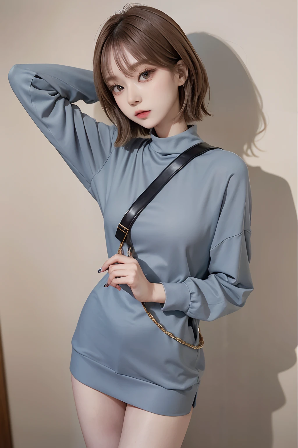 Top image quality、Raw photography、超A high resolution、An 18-year-old woman、Shooting for one person only、modelshoot、Autumn outfit、Fashionable clothes、Beautiful Eyes of Details、very elongated eyes、Beautiful eyelashes、Beautiful double eyelids、very slender legs、Shorthair with light brown hair、very slender physique、Gray walls
