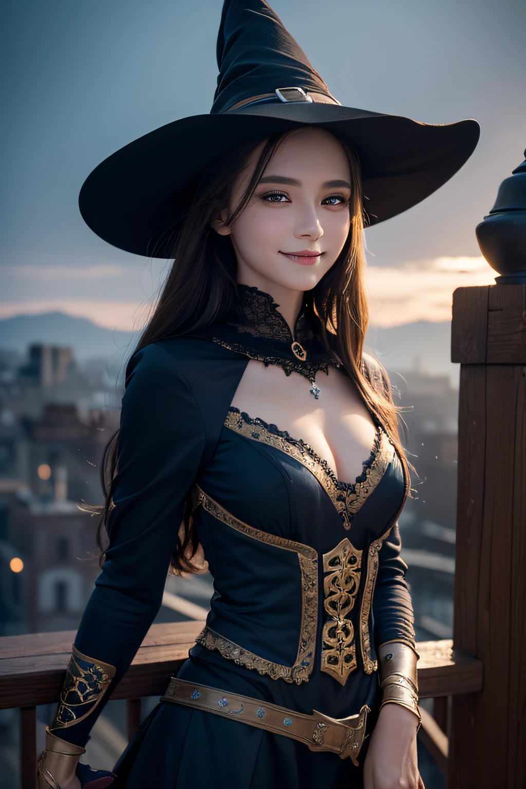 (1 Ultimate Beautiful Mature Woman)、hyperdetailed face、Detailed lips、A detailed eye、二重まぶた、Medium brunette hair, Colorful Halloween witch costume with decoration、walking down the street、((Open mouth and smile happily))、(Glamorous body)、(large full breasts)、(cowboy shot)、perfect hand, Perfect fingers, perfect chest, Perfect fit, perfect bodies, face perfect, depth of fields、Perfect image realism, Background with:((Ginza Street in Tokyo at night))、In-depth background, detailed costume, Perfect litthing、Hyper-Realism、Photorealsitic、8K maximum resolution, (masterpiece), ighly detailed, Professional