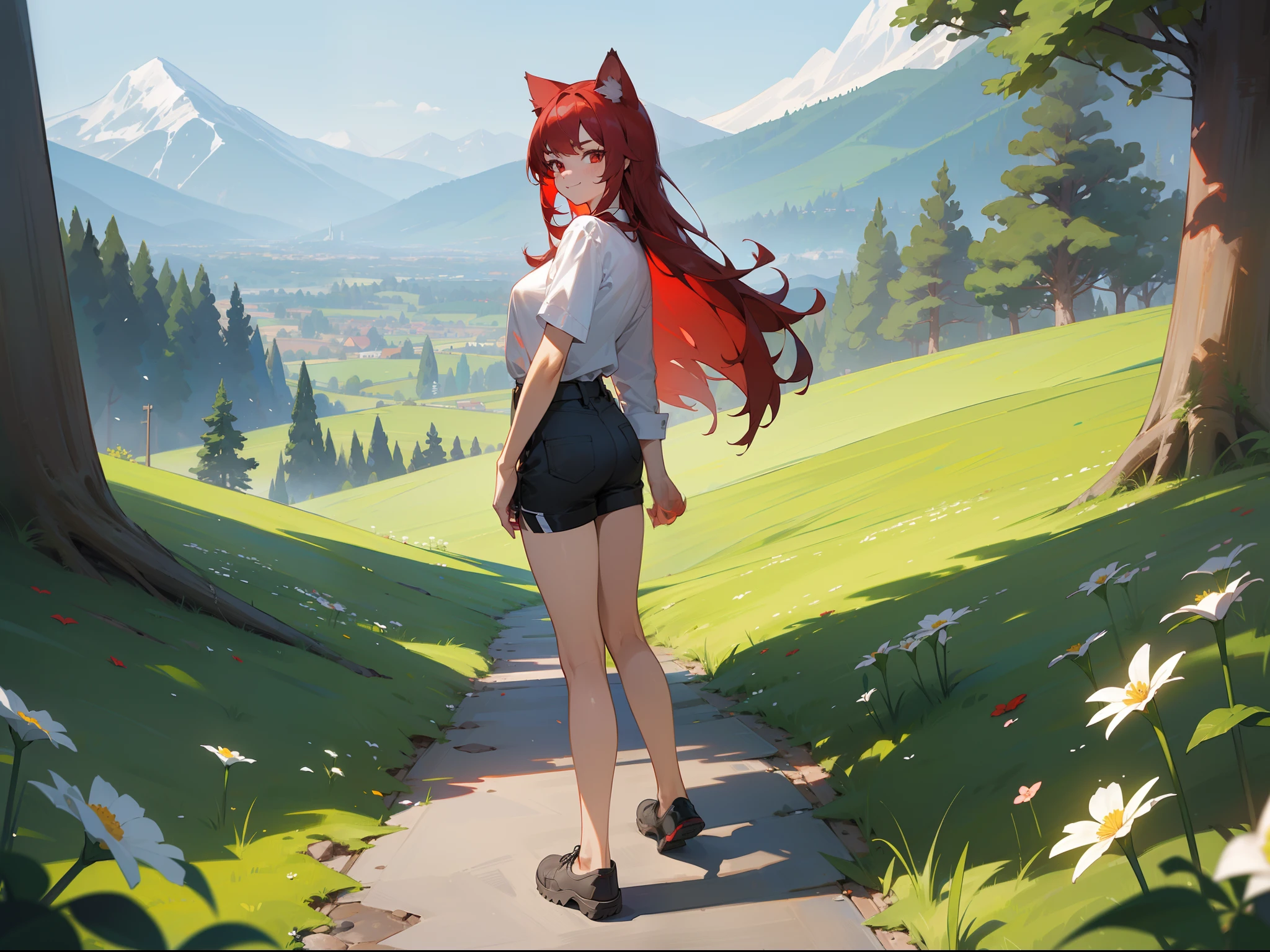 ((masterpiece,best quality)), day, flower,looking at viewer, looking back,outdoors,standing, trees,mountains, hills, forest,1girl ,20s,serious face,white shirt,black shorts,medium tits,red hair,long hair,red eyes,Cat ears,full body,smile