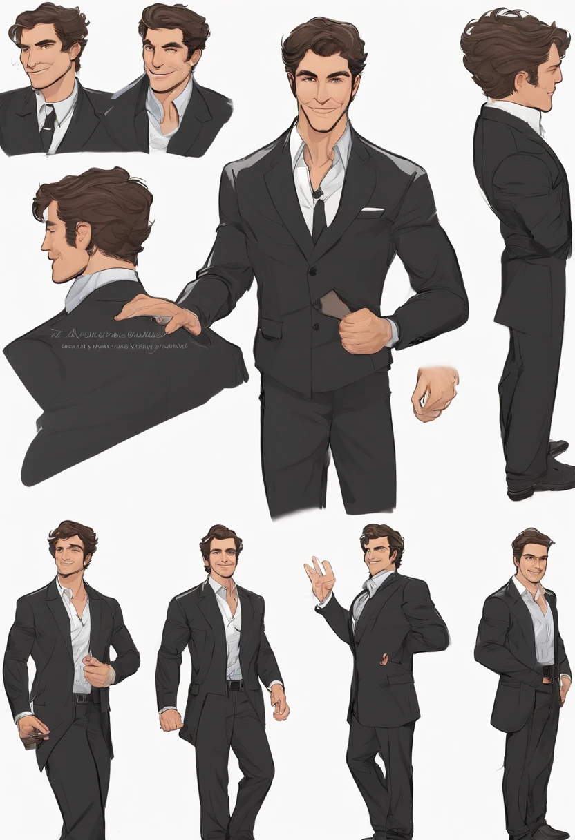 an american forty-year-old man, 1.80, normal physique, unshaven, white skin, black and slightly disheveled hair, wearing a black suit and slightly casual, reference sheet, character, t pose, expression sheet happy, sad, white background