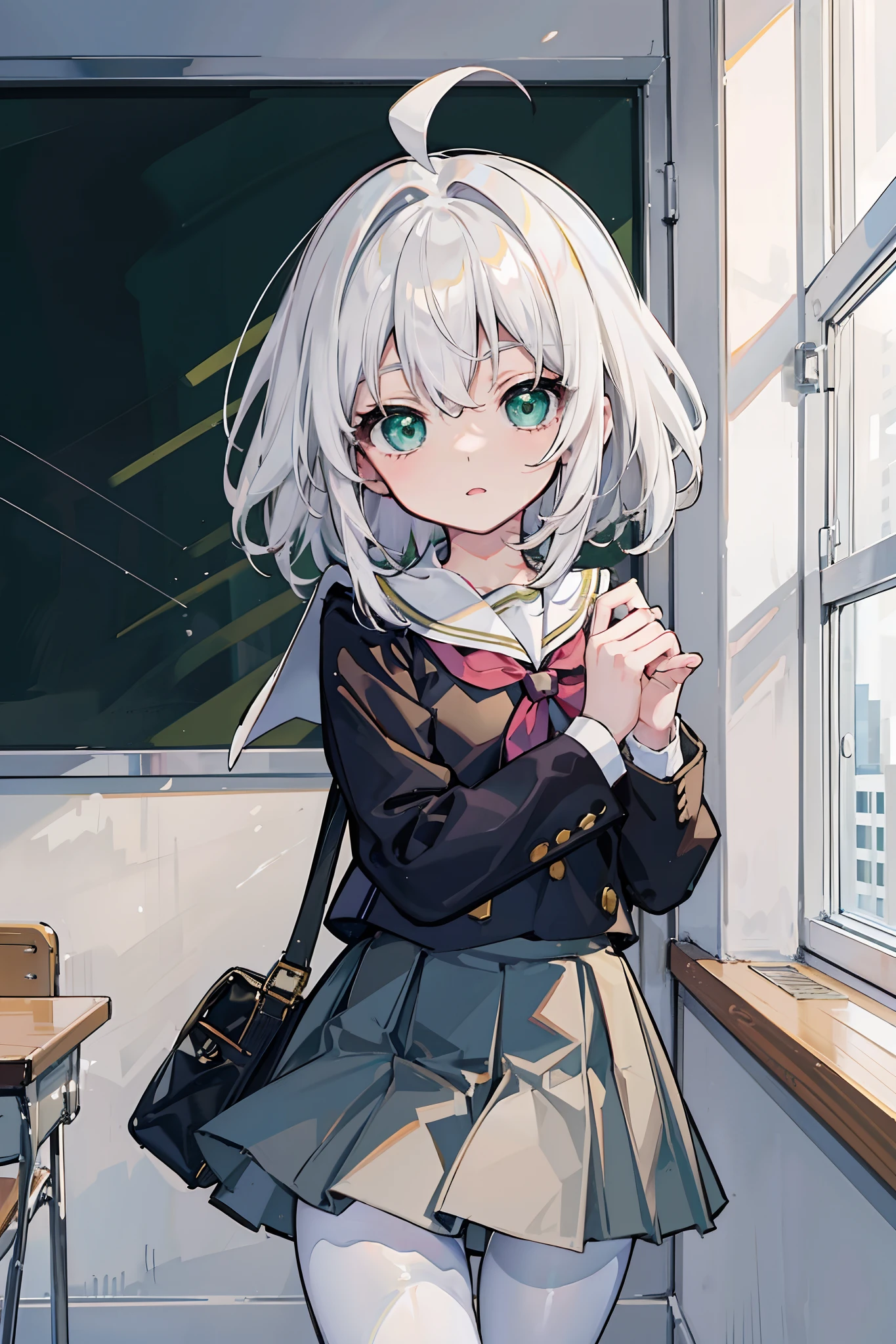 Masterpiece,Best quality,cute female ,Medium hair, White hair, ahoge, Green eyes, White pantyhose,school uniform