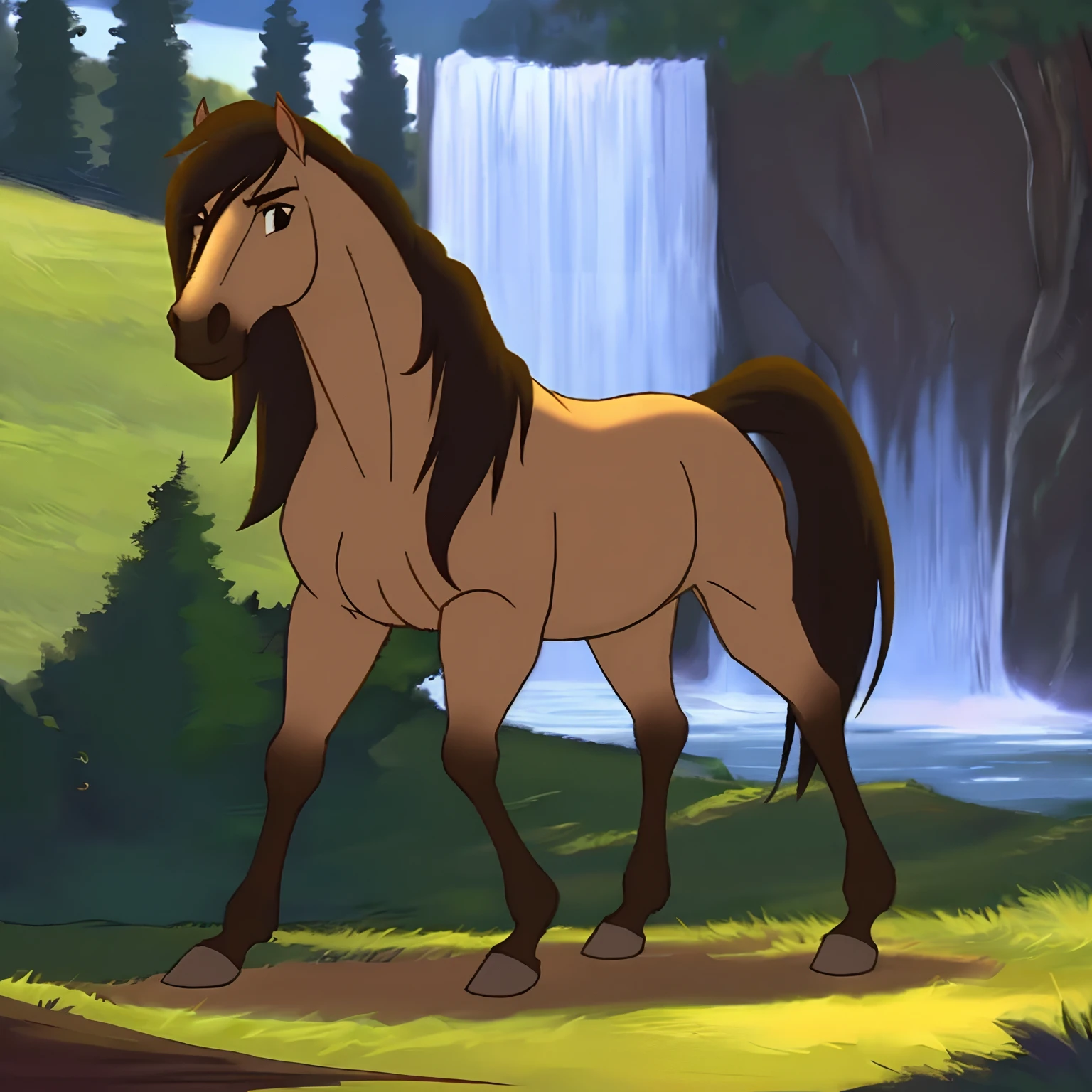 spirit_AB_Spirit2002, A beautiful horse stands on a hill , a lush mane, blue mountains, one horse, one head, Four legs, woods, Prairie, In the background of the waterfall, Sunny day