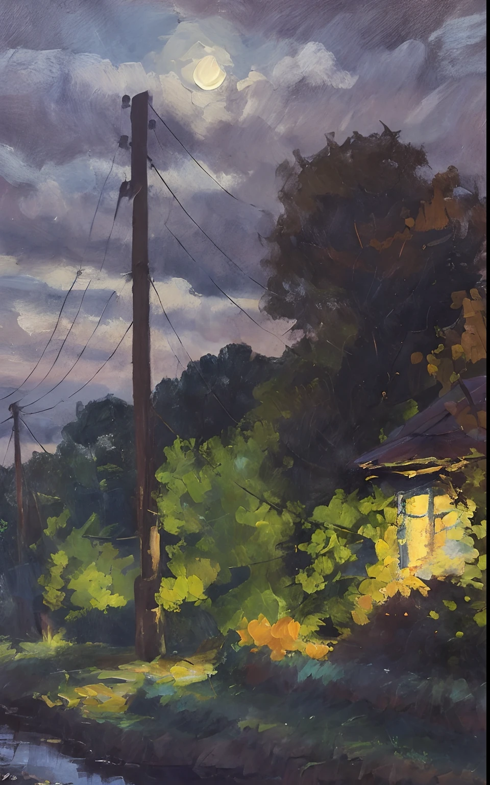 (a painting by mse) blue hour, fall, smooth, aesthetic, house in a field, warm light coming from the house, nightime, river, clouds, a dirt path leading to the house.