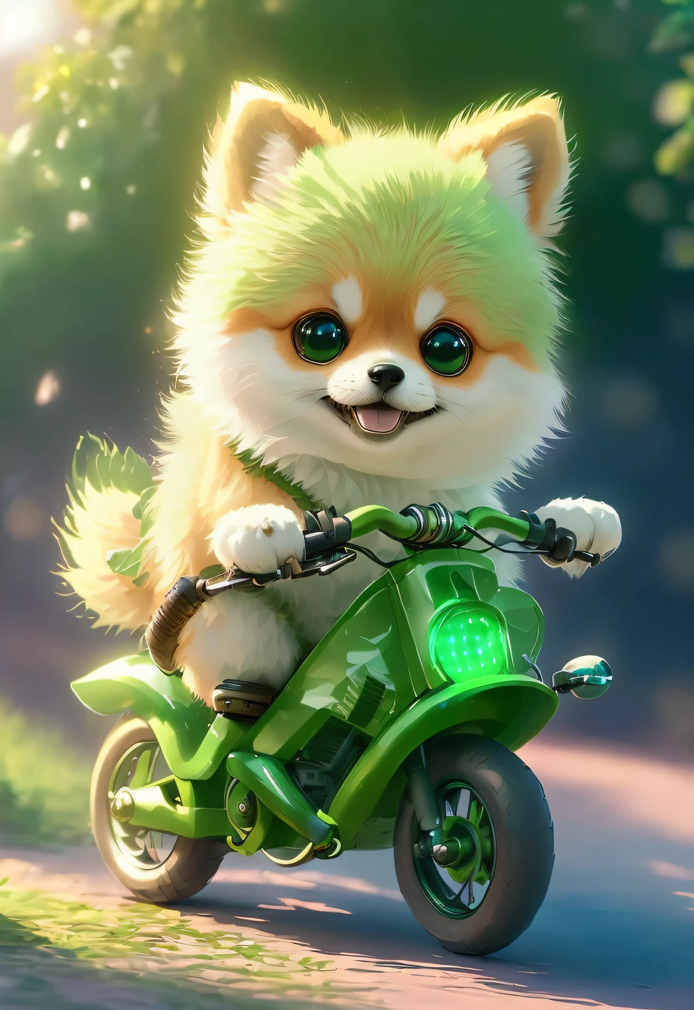 arafed dog riding a green motorcycle with a butterfly on the handlebar, adorable digital painting, cute digital art, cute detailed digital art, digital green fox, furry digital art, cute artwork, cute detailed artwork, cute dog, cute 3 d render, its name is greeny, painting of cute dog, cute cartoon character, 🌺 cgsociety, cute fox
