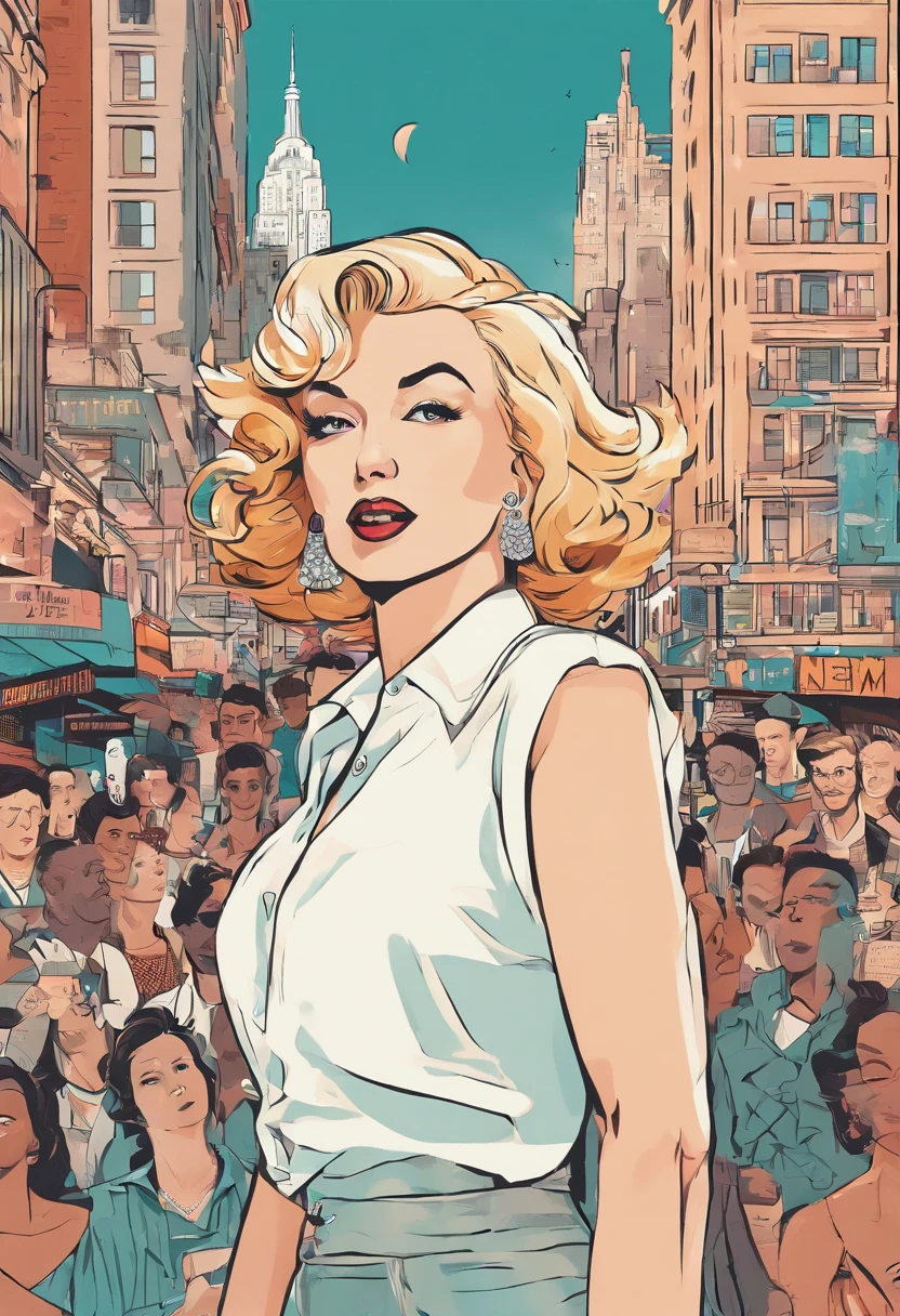 a close up of a person (marilyn Monroe)in a dress and a crowd of people in New York City, vector art by Malika Farve, trending on cg society, pop art, in style of digital illustration, art deco illustration, art deco portrait, digital art of an elegant, retro illustration, movie illustration, digital illustration -, vector art style, 1950s illustration style / travel poster / propaganda poster style.