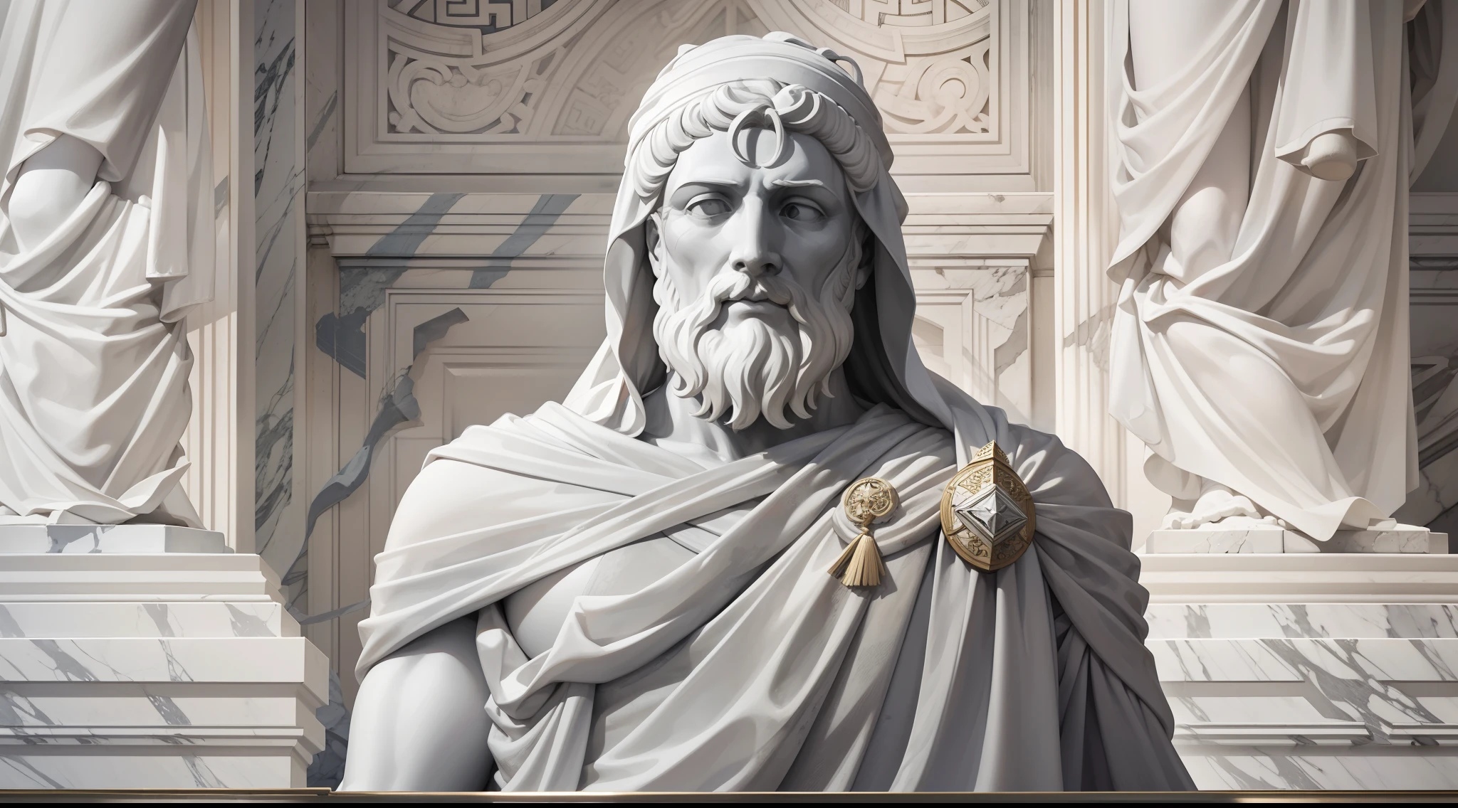 A realistic Greek white marble statue of Zeno of Scythia, em um veleiro no mar violento, tempestade corajoso, assustador, wearing a ghostly toga, fundo neutro, Moody, fotorrealista, super detalhada, Hiper realista, luzes brilhantes, 8k