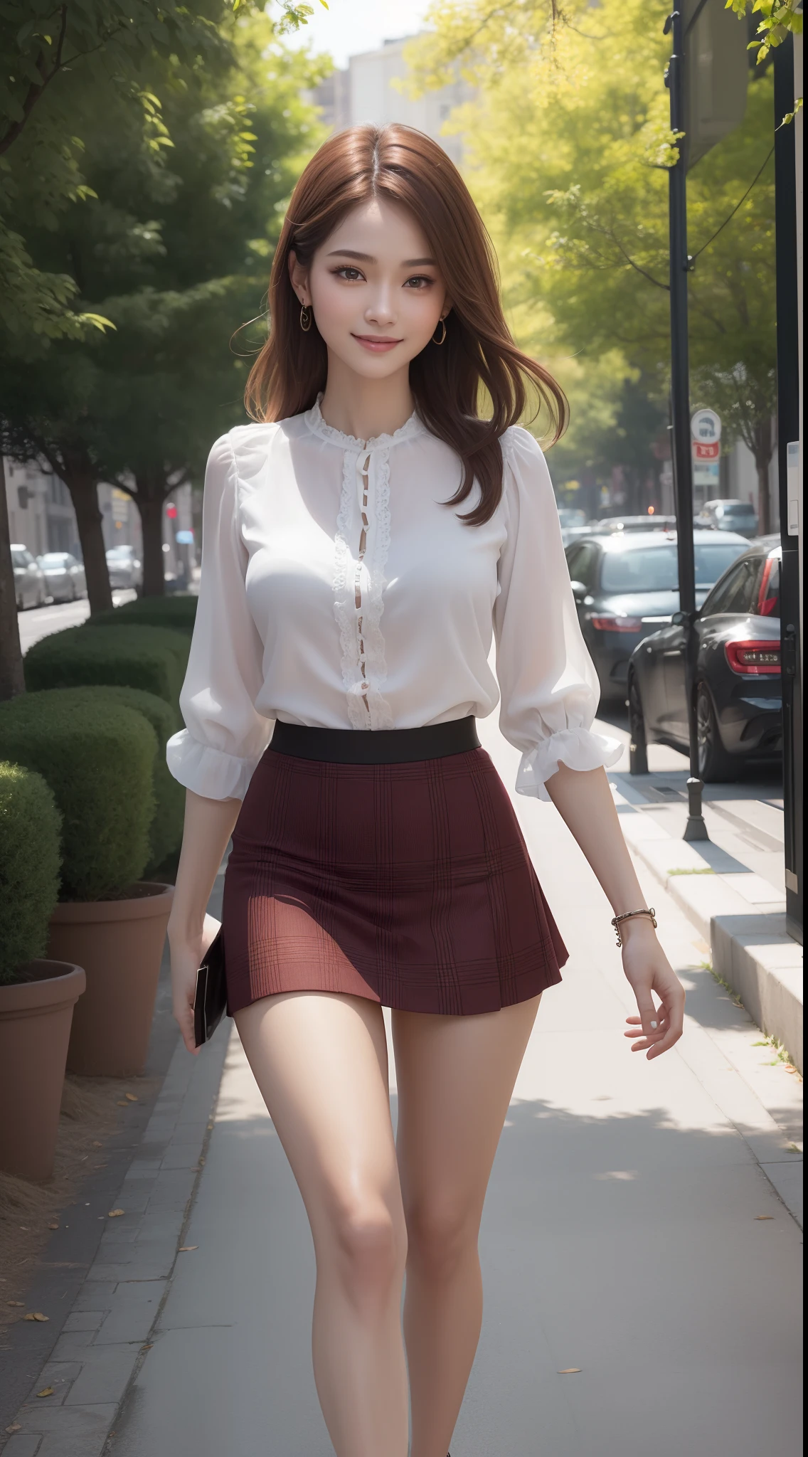 a 16 year old girl, she is the most beautiful actress in the world, the perfect body proportions of this girl, the blazer is firmly closed by it's two buttons on the waist area on the short skirt, the skin of her upper body with it's large breasts are covered 100% by the formal shirt that's covered by the blazer, the short skirt is hardly hiding the crotch area between her bare legs, it's only one description of one body, it's from right above her head to right above her feet are just within this frame, all her body is looking forward to viewer, she is standing at the city street, nsfw, best quality, highly detailed, masterpiece, ultra high res, photo realistic, 8k, RAW photo