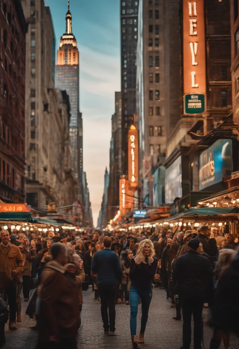 Marlyn Monroe in a crowed people in New York Style, Blurred Background, New York City, Best Quality, Best Illustration, Best Lighting, Amazing Quality, Highly Detailed 8k CG Background, Detailed Eyes, Detailed Face, Detailed Hair, New York City, New York Street York, F2.1, many people walking and a man looking up at the sky, market, water market, walking down the street, spaceship flying, many spaceships.