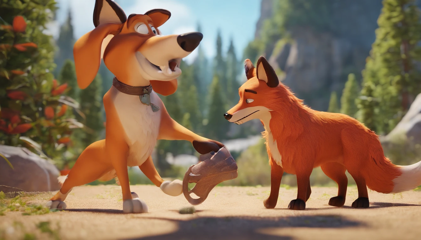Portray a brave dog protecting the fox from an angry bull, Disney style.