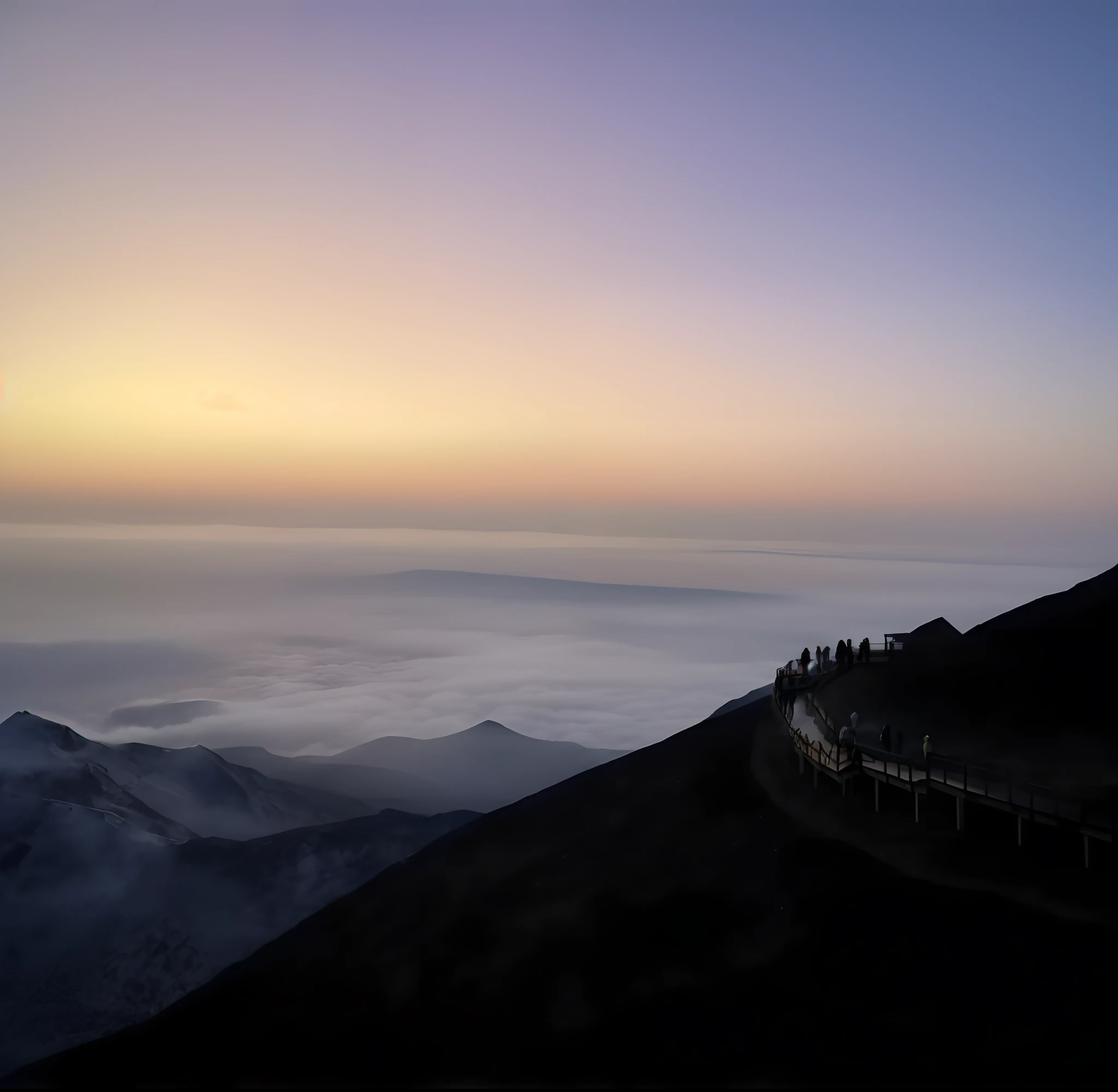 View of Mount Araved,There are sidewalks and a couple of people, walking above the clouds and fog, At sunrise, during sunrise, Above the clouds, Sunrise over snow-capped Mt. Fuji, view above the clouds, 8 k''. filling of the view, breath-taking, (Mist), Fujilut, hyper wide view, beautiful and spectacular dusk