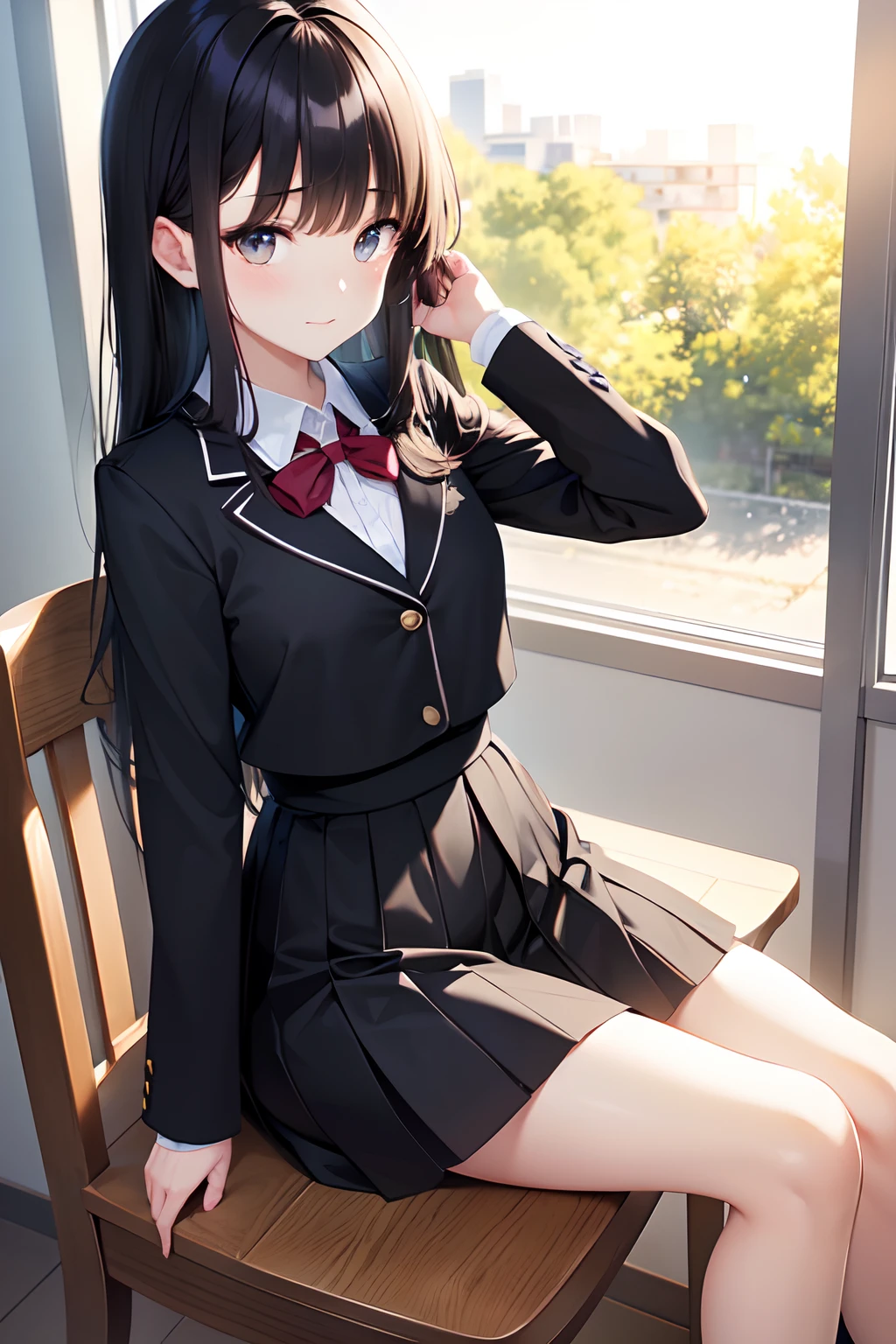 a beautiful junior high school student, (sit straight ),cute, uniform and skirt, (lustrous and black long hair),(bright eyes) ,gradient eyes, (sun light came in through the windows),(anime style),(CG), atmospheric perspective, masterpiece,((from side)), accurate, ((best quality)), high quality, super detail, high details, anatomically correct, highRes, 1080p