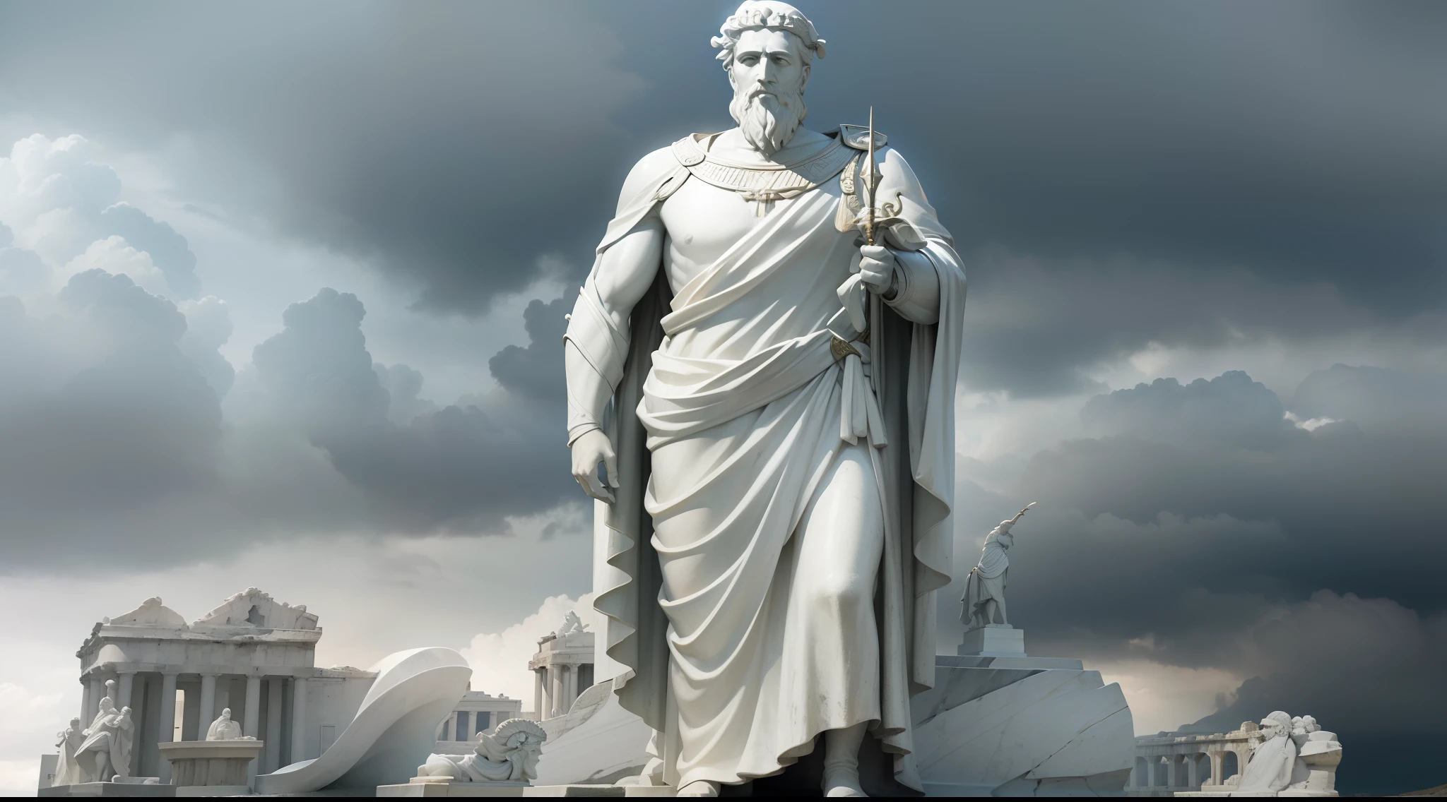 A realistic Greek white marble statue of Zeno of Scythia, em um veleiro no mar violento, tempestade corajoso, assustador, wearing a ghostly toga, fundo neutro, Moody, fotorrealista, super detalhada, Hiper realista, luzes brilhantes, 8k