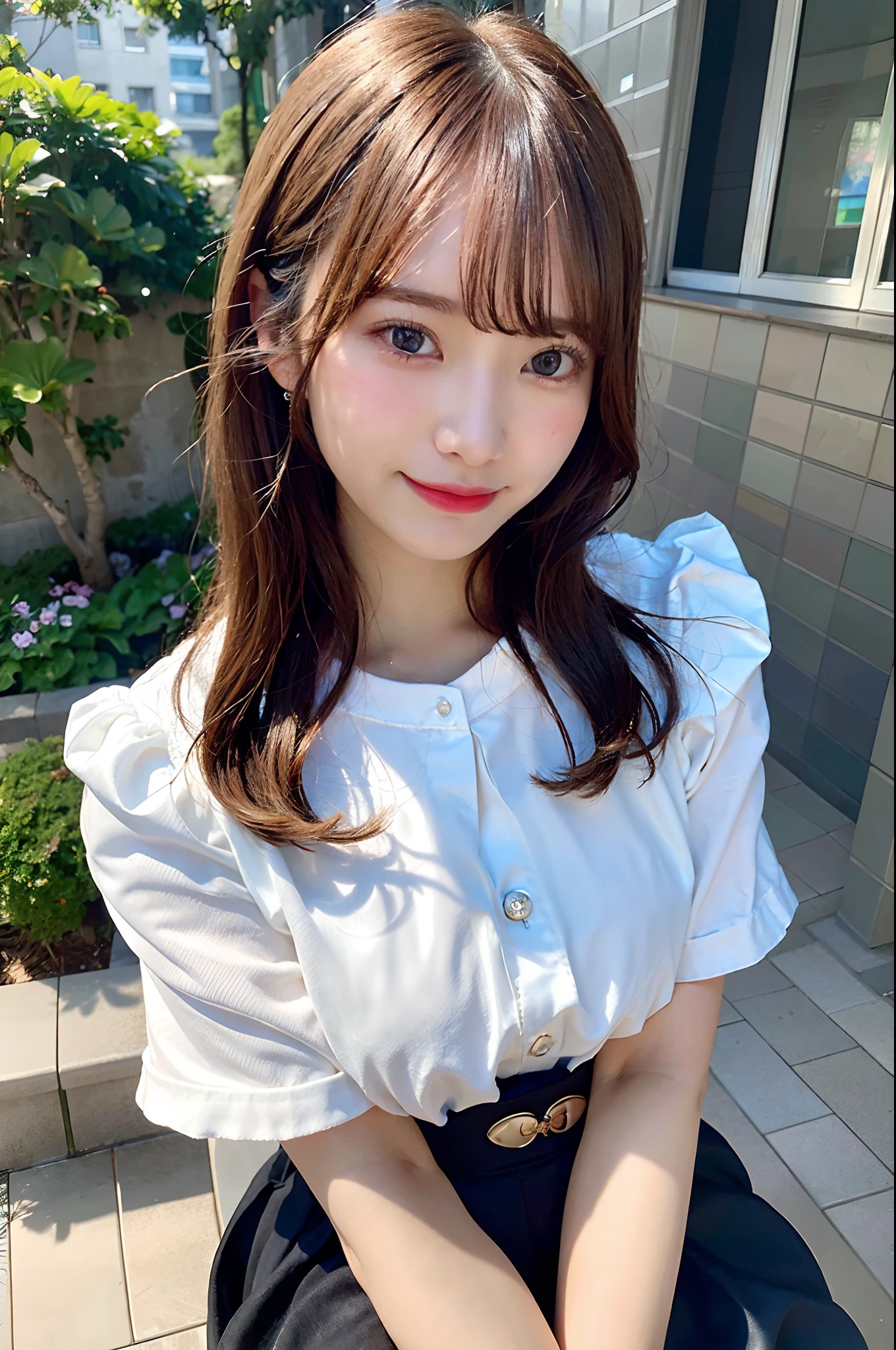 masterpiece, high quality, Photo realistic, BREAK, 1 Japanese girl, 20 years old, baby face, smiling, summer outfit, short sleeve, puff sleeve blouse, long skirt, wall background, natural light, bright, cute, selfie style,