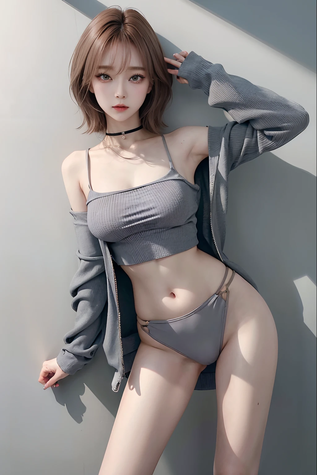 Top image quality、Raw photography、超A high resolution、An 18-year-old woman、Shooting for one person only、modelshoot、Autumn outfit、Fashionable clothes、Beautiful Eyes of Details、very elongated eyes、Beautiful eyelashes、Beautiful double eyelids、very slender legs、Shorthair with light brown hair、very slender physique、Gray walls