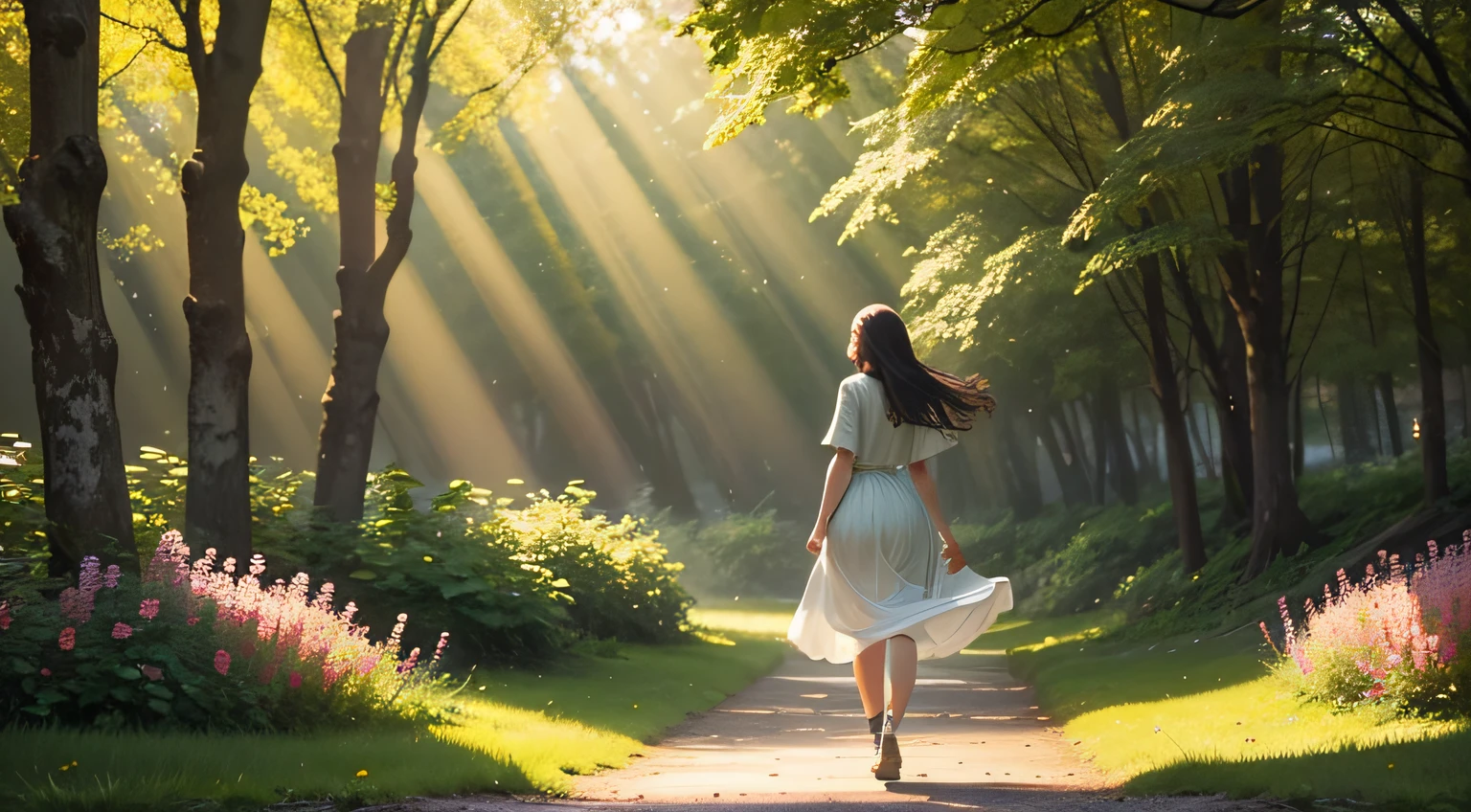 Create a high-definition image that depicts a young woman walking in nature during a radiant day. The sun shines brightly in the sky, creating a play of light and shadows on the trees and flowers that surround the path. The young woman is immersed in the scene, emanating a sense of serenity and connection to the natural environment around you. Cada detalhe, from the gently swaying leaves to the sun's rays dancing through the branches, must be captured accurately. The image should convey a sense of peace, freedom and admiration for natural beauty