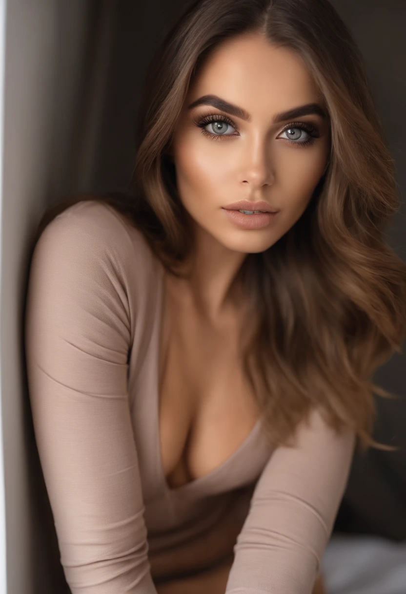 Arafed Mujer totalmente , Chica sexy con ojos marrones, ultra realista, meticulosamente detallado, Retrato Sophie Mudd, brown hair and large eyes, selfie de una mujer joven, Ojos de Dubai, Violeta Myers, sin maquillaje, Maquillaje natural, staring directly into camera, cara con artgram, maquillaje sutil, Impresionante foto de cuerpo completo arrodillado en la cama, En el dormitorio, Medium to large size bust