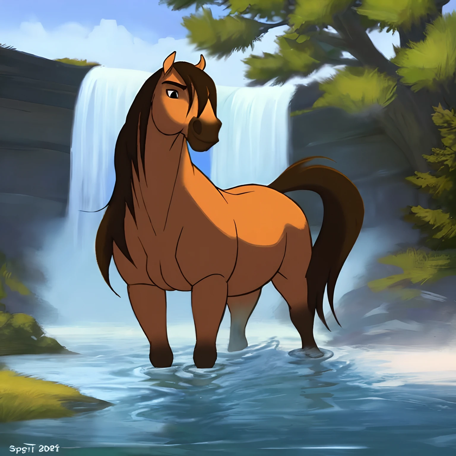 spirit_AB_Spirit2002, a beautiful horse , a lush mane,  blue mountains, one horse, one head, Four legs, woods, Prairie, In the background of the waterfall, Sunny day, A horse bathes in water