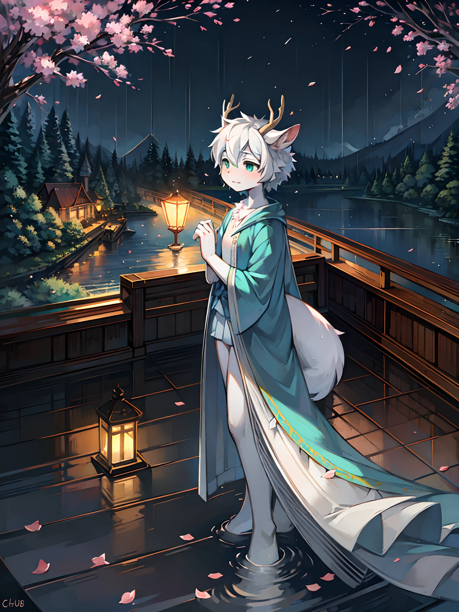 A white deer,long blue robes,Green eyes,deer antlers,River side,falling flower petals,It rained heavily,The tree,White petals,Lake Pavilion,Holding an umbrella,dark cloude,A sad look,veils,rainwater,Blue umbrella,White pear blossom tree,downpours,rain,holding folding fan,River lamps float on the surface of the river